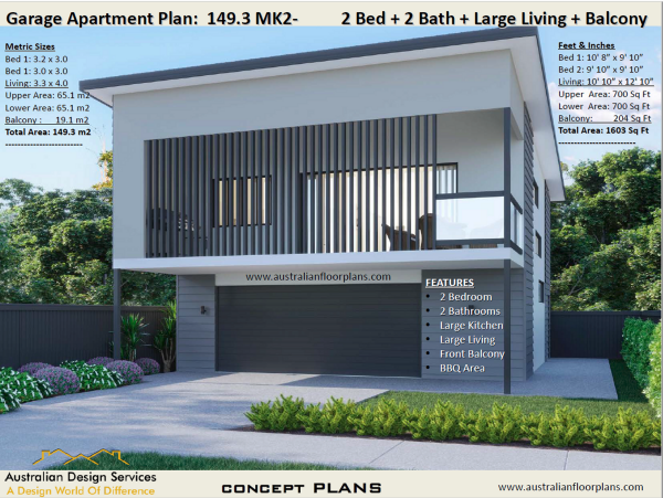 2 Bed + 2 bath Garage Apartment Plan